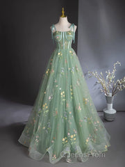 A-Line Sweetheart Neck Tulle Lace Green Long Evening Prom Dress