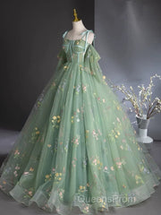 A-Line Sweetheart Neck Tulle Lace Green Long Evening Prom Dress