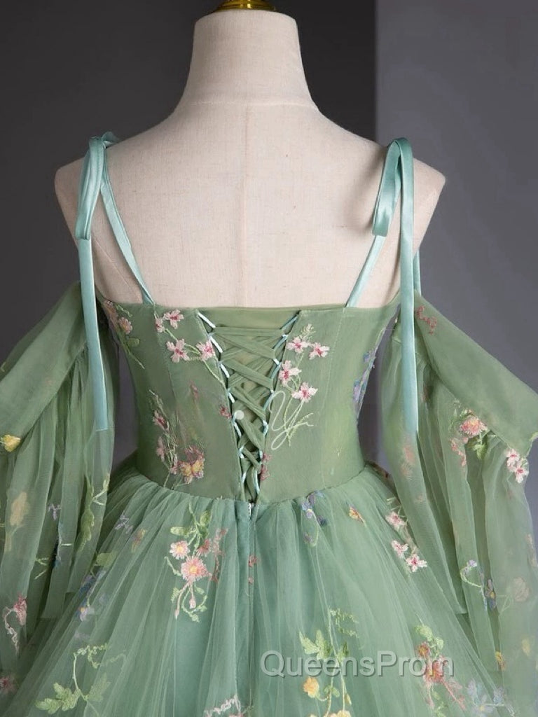 A-Line Sweetheart Neck Tulle Lace Green Long Evening Prom Dress