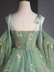 A-Line Sweetheart Neck Tulle Lace Green Long Evening Prom Dress