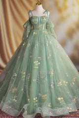 A-Line Sweetheart Neck Tulle Lace Green Long Evening Prom Dress