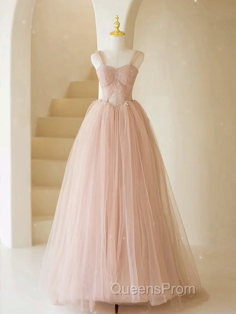 A-Line Sweetheart Neck Tulle Lace Long Pink Evening Prom Dress, Pink Party Dress with Beads