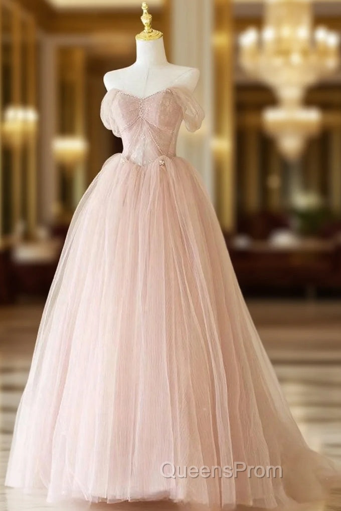 A-Line Sweetheart Neck Tulle Lace Long Pink Evening Prom Dress, Pink Party Dress with Beads Main image