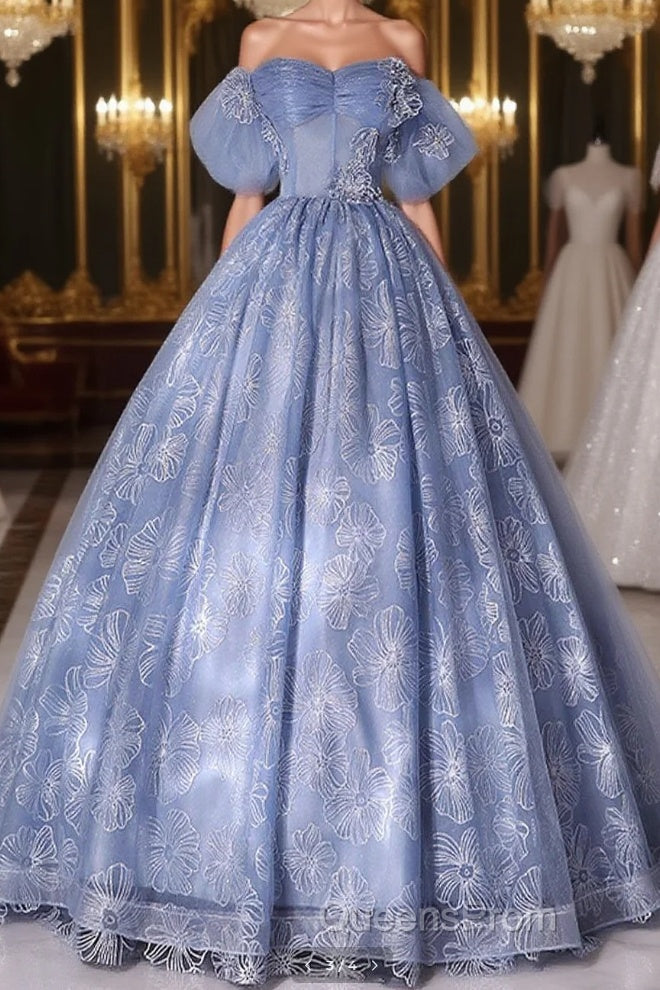 A-Line Sweetheart Neck Tulle Lace Long Evening Prom Dress, Blue Sweet 16 Dress Main image