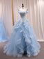 A-Line Sweetheart Neck Tulle Lace Off Shoulder Blue Long Classy Prom Dress