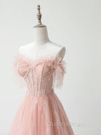 A-Line Sweetheart Neck Tulle Lace Pink Long Evening Prom Dress, Pink Evening Dress