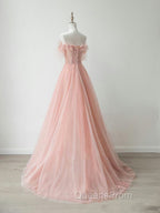 A-Line Sweetheart Neck Tulle Lace Pink Long Evening Prom Dress, Pink Evening Dress