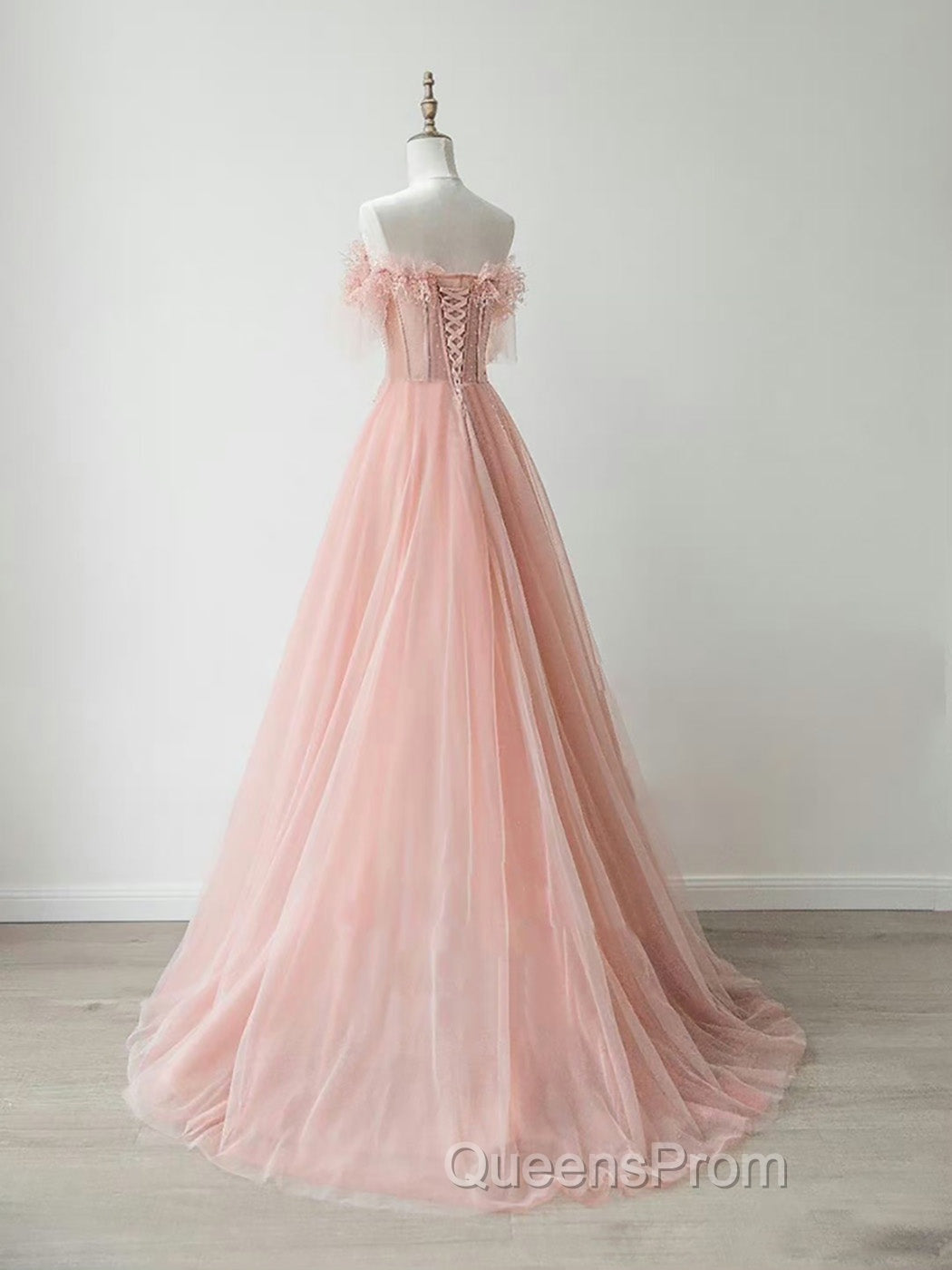 A-Line Sweetheart Neck Tulle Lace Pink Long Evening Prom Dress, Pink Evening Dress