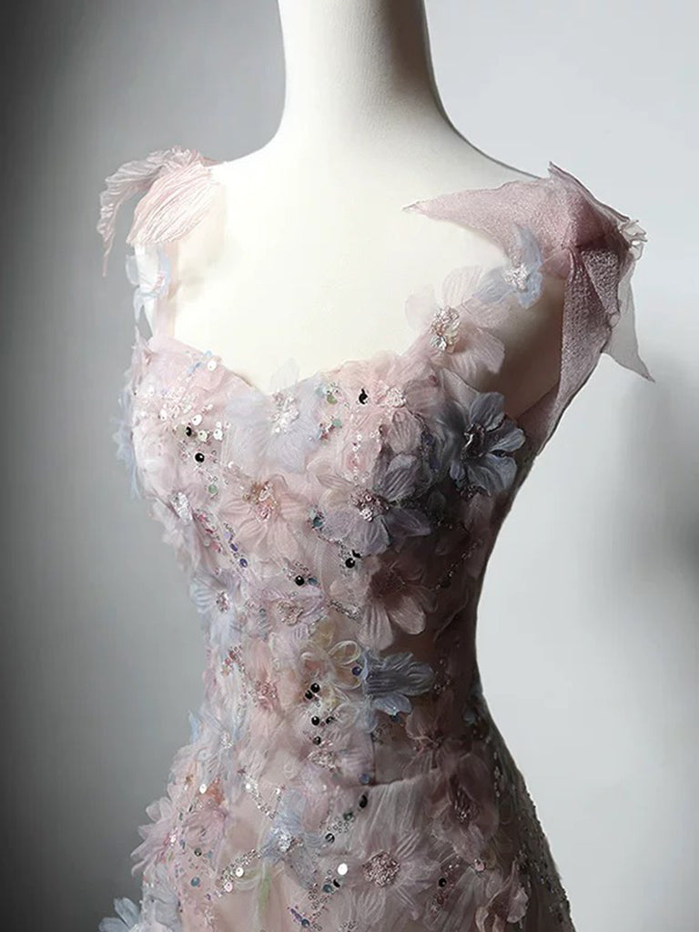 A-Line Sweetheart Neck Tulle Lace Pink Long Classy Prom Dress, Pink Long Classy Dress Secondary image