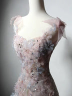 A-Line Sweetheart Neck Tulle Lace Pink Long Classy Prom Dress, Pink Long Classy Dress