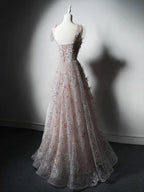A-Line Sweetheart Neck Tulle Lace Pink Long Classy Prom Dress, Pink Long Classy Dress