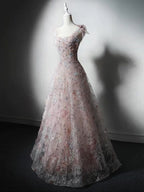 A-Line Sweetheart Neck Tulle Lace Pink Long Classy Prom Dress, Pink Long Classy Dress