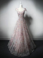A-Line Sweetheart Neck Tulle Lace Pink Long Classy Prom Dress, Pink Long Classy Dress