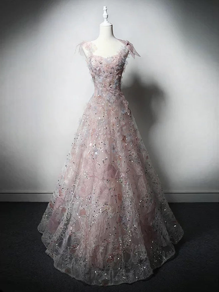 A-Line Sweetheart Neck Tulle Lace Pink Long Classy Prom Dress, Pink Long Classy Dress