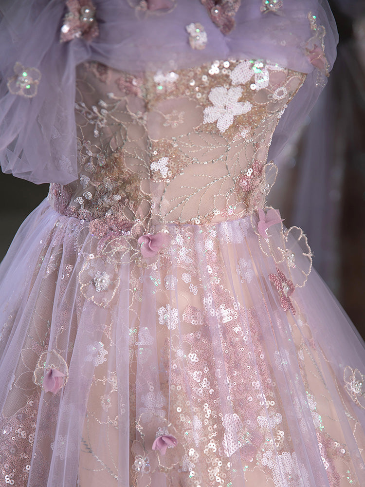 A-Line Sweetheart Neck Tulle Lace Purple Long Classy Prom Dress, Purple Long Classy Dress