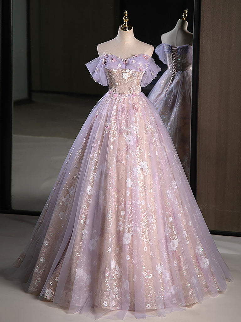 A-Line Sweetheart Neck Tulle Lace Purple Long Classy Prom Dress, Purple Long Classy Dress