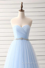 A-Line Sweetheart Neck Tulle Light Sky Blue Long Evening Prom Dress