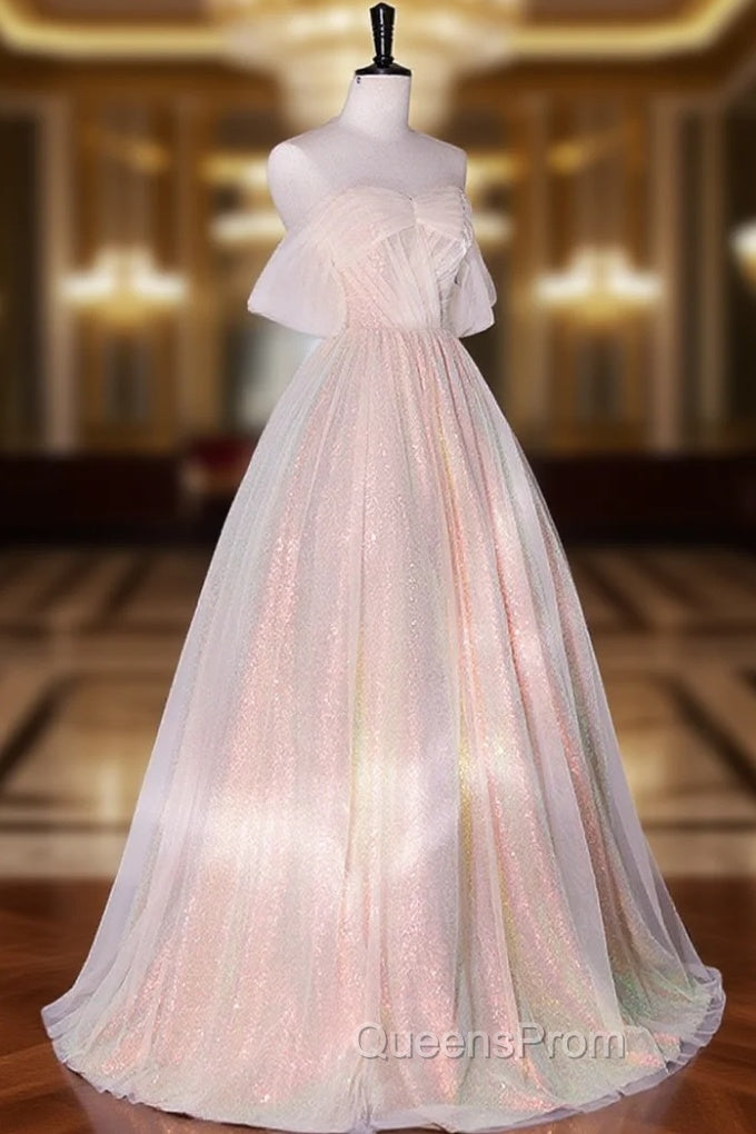 A-Line Sweetheart Neck Tulle Pink Evening Dress, Off Shoulder Pink Evening Dress