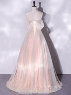 A-Line Sweetheart Neck Tulle Pink Evening Dress, Off Shoulder Pink Evening Dress
