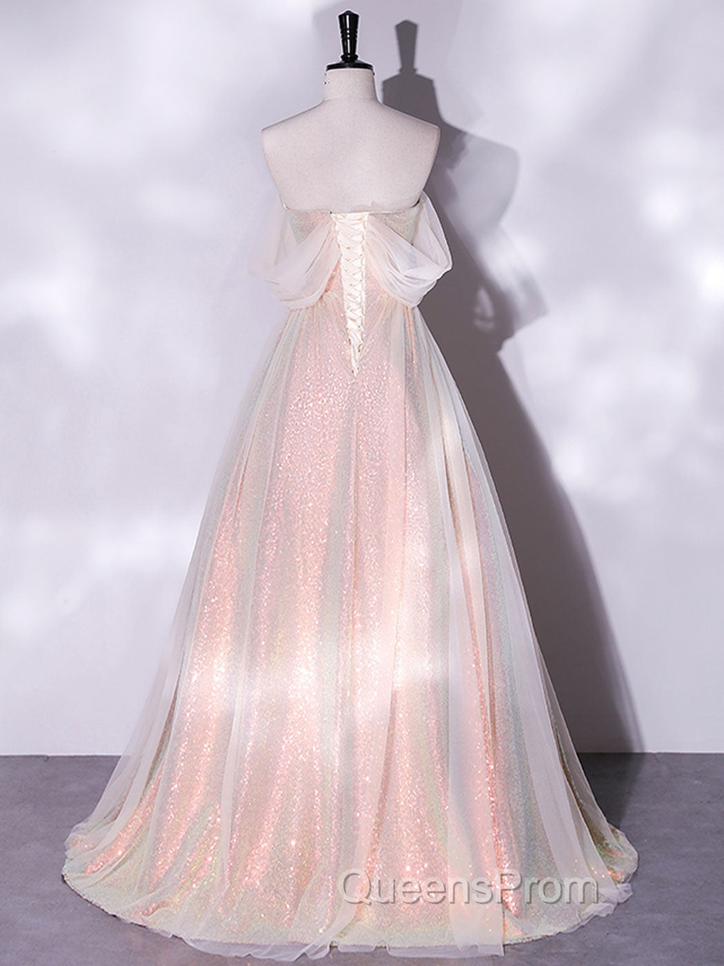 A-Line Sweetheart Neck Tulle Pink Evening Dress, Off Shoulder Pink Evening Dress