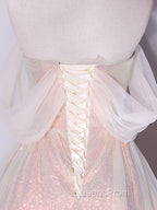 A-Line Sweetheart Neck Tulle Pink Evening Dress, Off Shoulder Pink Evening Dress