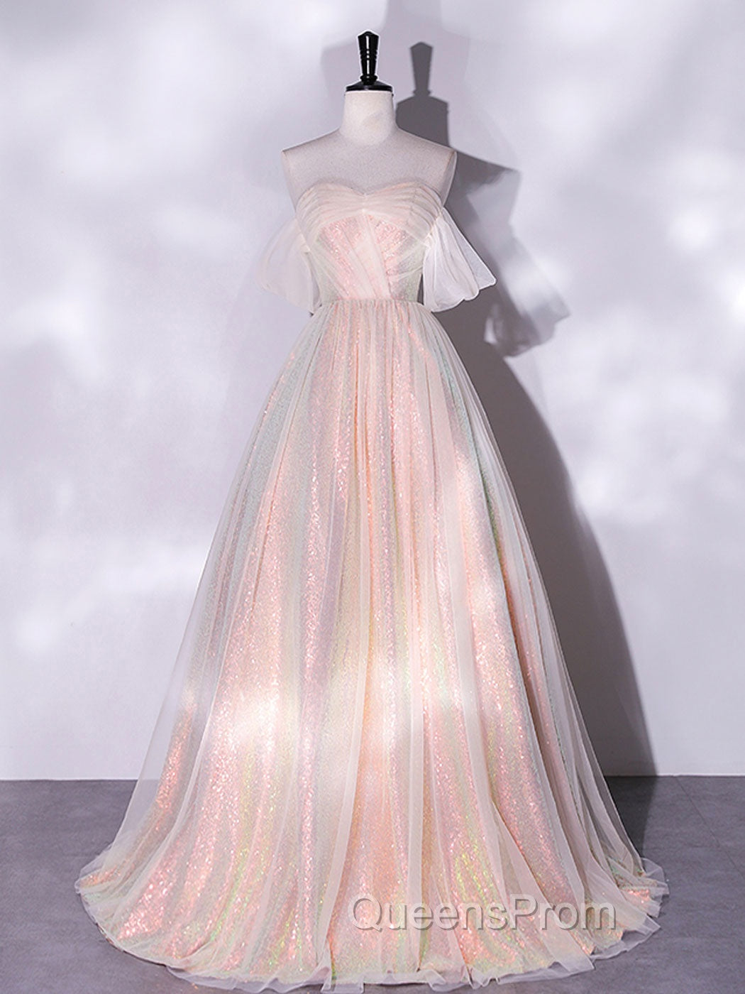 A-Line Sweetheart Neck Tulle Pink Evening Dress, Off Shoulder Pink Evening Dress