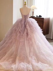 A-Line Sweetheart Neck Tulle Pink Long Evening Prom Dress, Pink Evening Dress