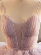 A-Line Sweetheart Neck Tulle Pink Long Evening Prom Dress, Pink Evening Dress