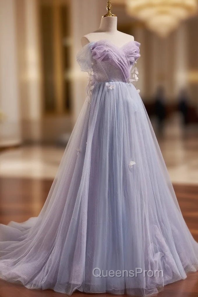 A-Line Sweetheart Neck Tulle Purple Long Evening Prom Dress, Purple Evening Dress