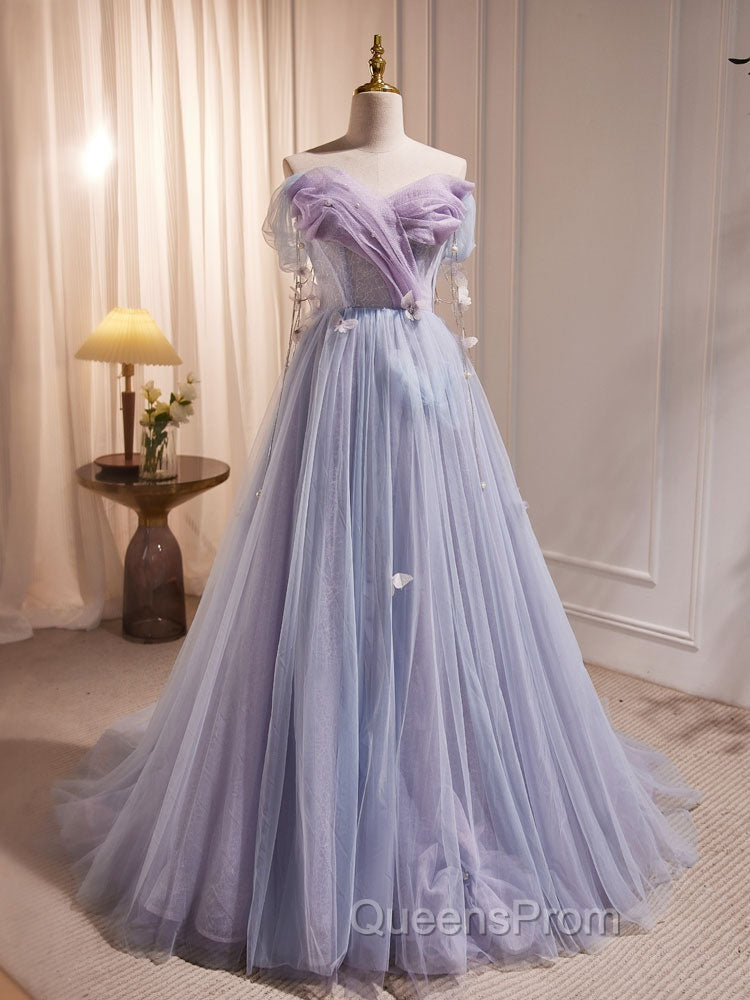 A-Line Sweetheart Neck Tulle Purple Long Evening Prom Dress, Purple Evening Dress