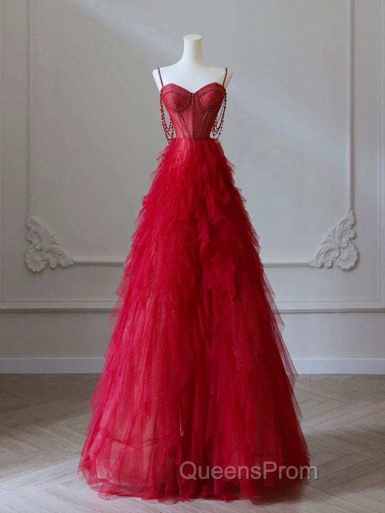A-Line Sweetheart Neck Tulle Red Long Evening Prom Dress, Red Long Graduation Dress with Beads Secondary image