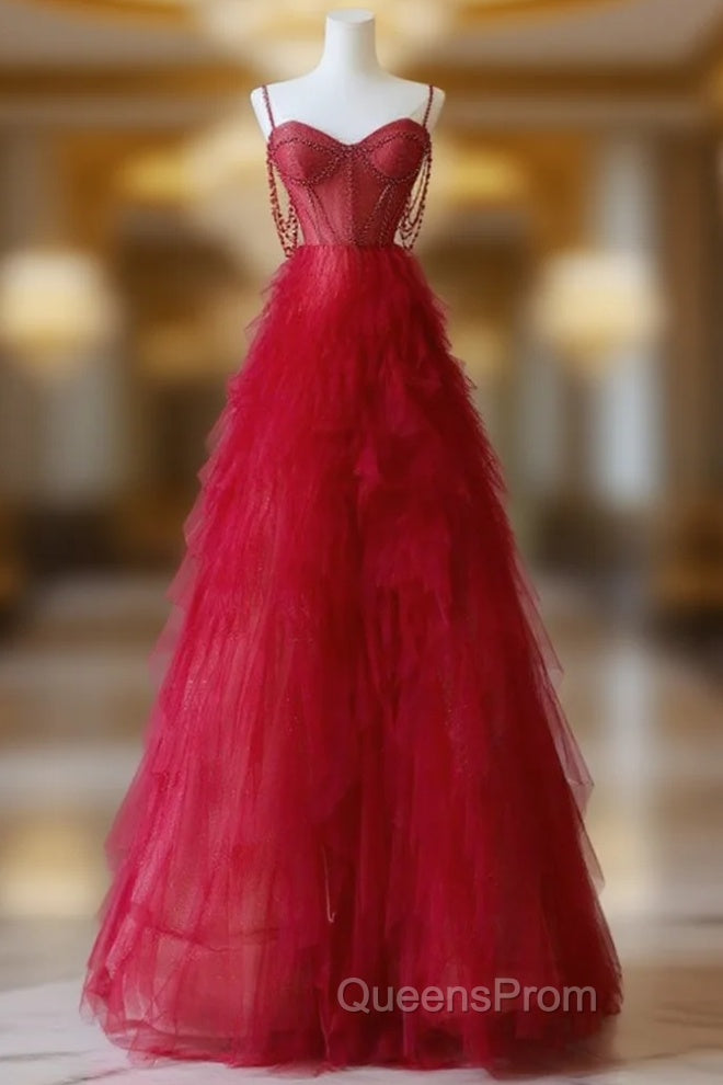 A-Line Sweetheart Neck Tulle Red Long Evening Prom Dress, Red Long Graduation Dress with Beads
