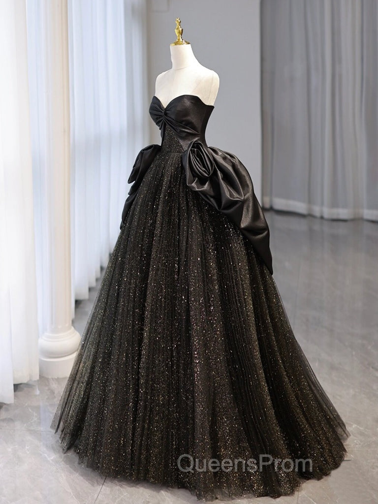 A-Line Sweetheart Neck Tulle Satin Black Long Evening Prom Dress, Black Long Evening Dress Secondary image