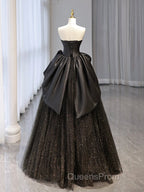 A-Line Sweetheart Neck Tulle Satin Black Long Evening Prom Dress, Black Long Evening Dress
