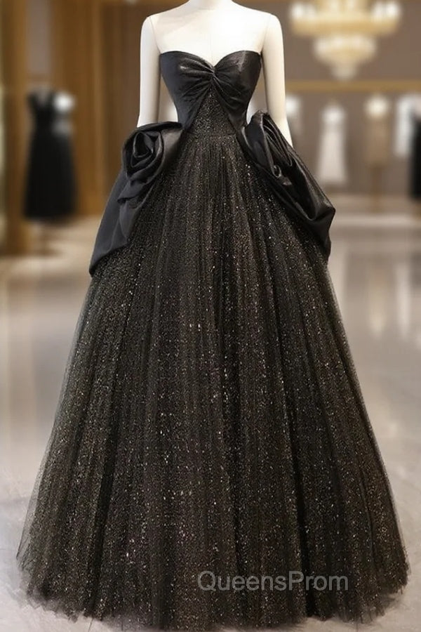 A-Line Sweetheart Neck Tulle Satin Black Long Evening Prom Dress, Black Long Evening Dress Main image