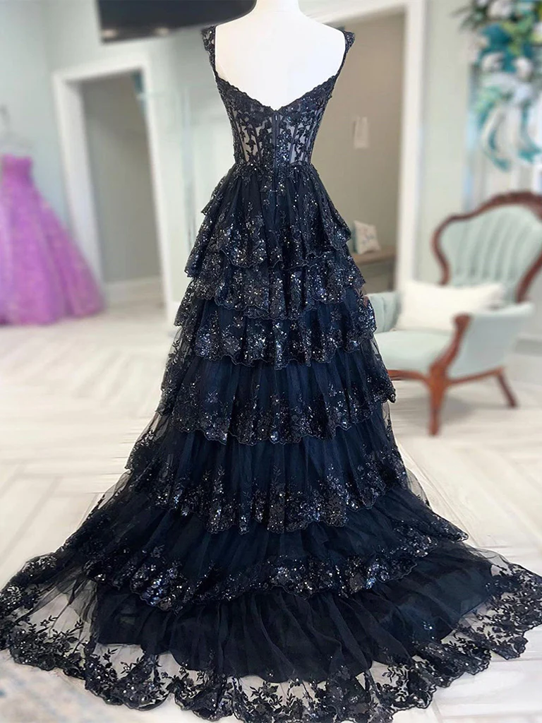 A-Line Sweetheart Neck Tulle Sequin Navy Blue Long Prom Dress
