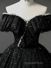 A-Line Sweetheart Neck Tulle Sequin Black Long Evening Prom Dress, Black Long Formal Dress