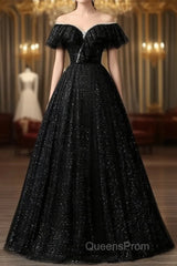 A-Line Sweetheart Neck Tulle Sequin Black Long Evening Prom Dress, Black Long Formal Dress