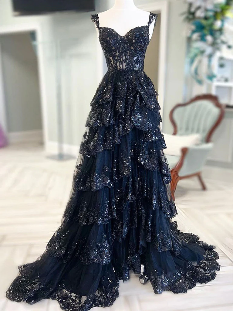 A-Line Sweetheart Neck Tulle Sequin Navy Blue Long Prom Dress Main image