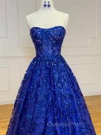 A-Line Sweetheart Neck Tulle Sequin Blue Long Evening Prom Dress, Blue Long Evening Dress