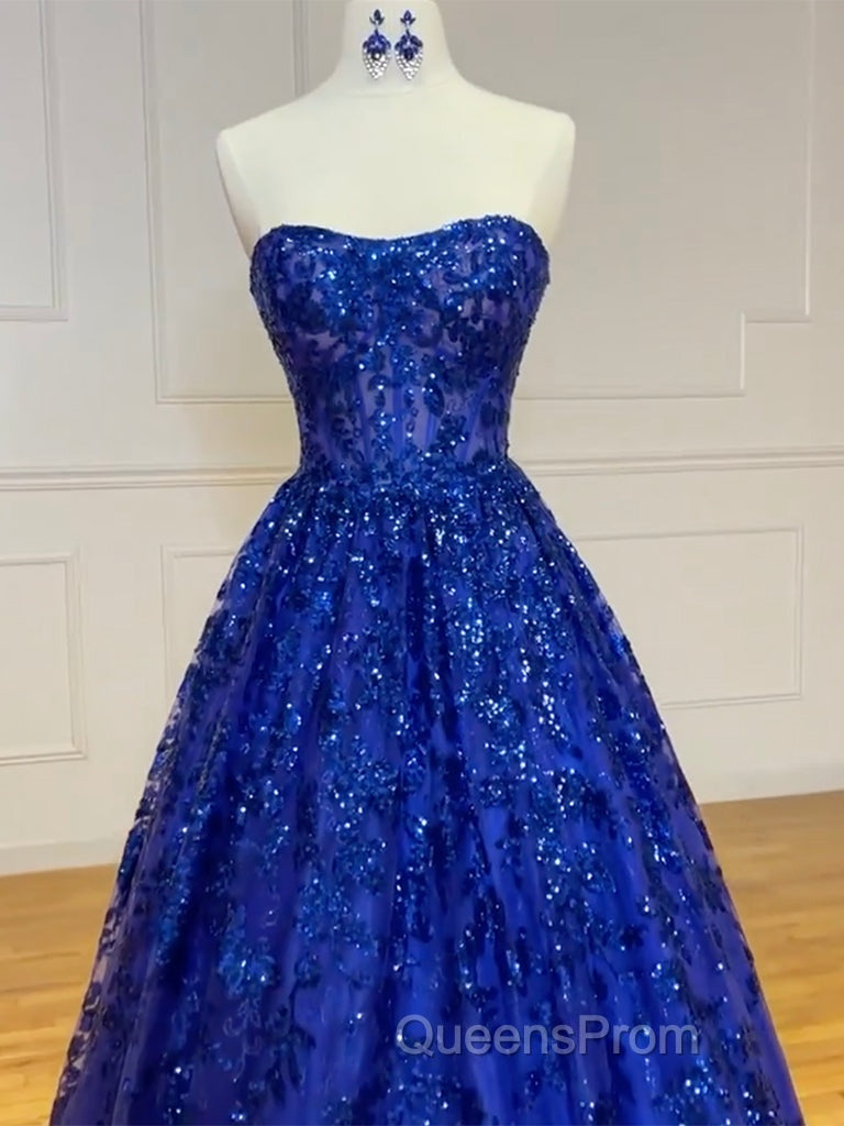 A-Line Sweetheart Neck Tulle Sequin Blue Long Evening Prom Dress, Blue Long Evening Dress
