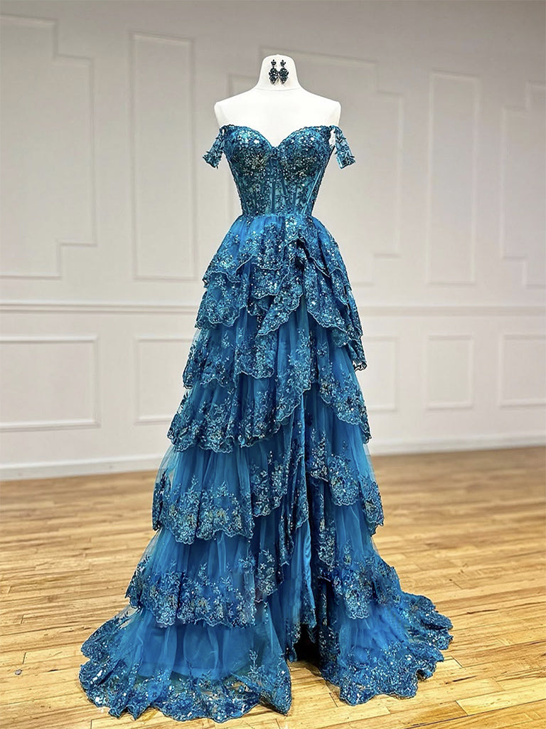 A-Line  Sweetheart Neck Tulle Sequin Lace Blue Long Classy Prom Dress Main image