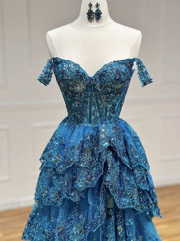 A-Line  Sweetheart Neck Tulle Sequin Lace Blue Long Classy Prom Dress Secondary image
