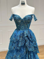 A-Line  Sweetheart Neck Tulle Sequin Lace Blue Long Classy Prom Dress