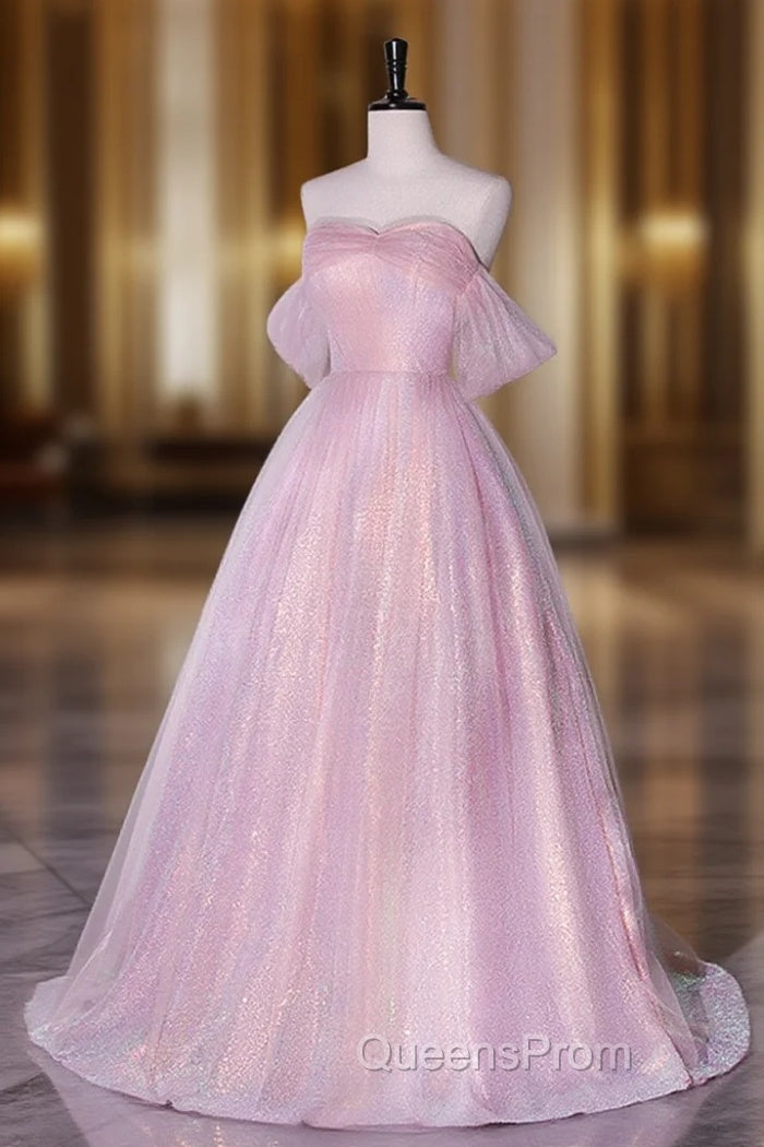 A-Line Sweetheart Neck Tulle Sequin Pink Long Evening Prom Dress, Pink Tulle Evening Dress Main image