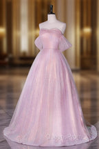 A-Line Sweetheart Neck Tulle Sequin Pink Long Evening Prom Dress, Pink Tulle Evening Dress