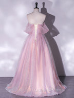 A-Line Sweetheart Neck Tulle Sequin Pink Long Evening Prom Dress, Pink Tulle Evening Dress