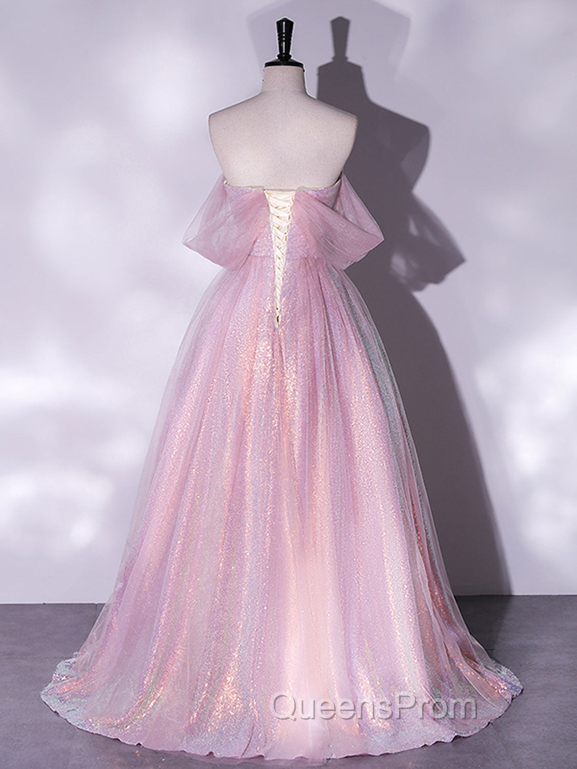 A-Line Sweetheart Neck Tulle Sequin Pink Long Evening Prom Dress, Pink Tulle Evening Dress