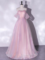 A-Line Sweetheart Neck Tulle Sequin Pink Long Evening Prom Dress, Pink Tulle Evening Dress