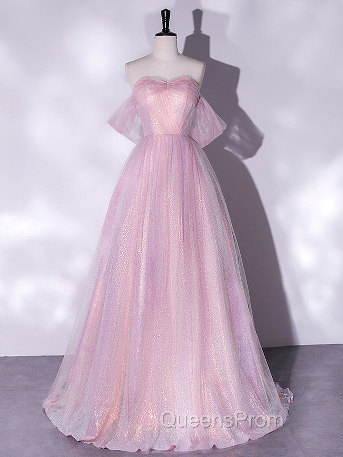 A-Line Sweetheart Neck Tulle Sequin Pink Long Evening Prom Dress, Pink Tulle Evening Dress